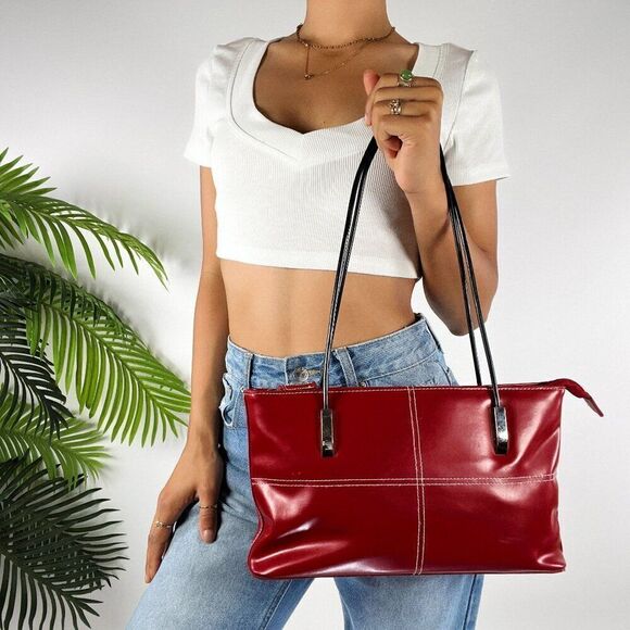 Vintage 90s Vampy Grunge Red Shoulder Bag Streetwear Baddie Underarm Purse - Picture 1 of 8